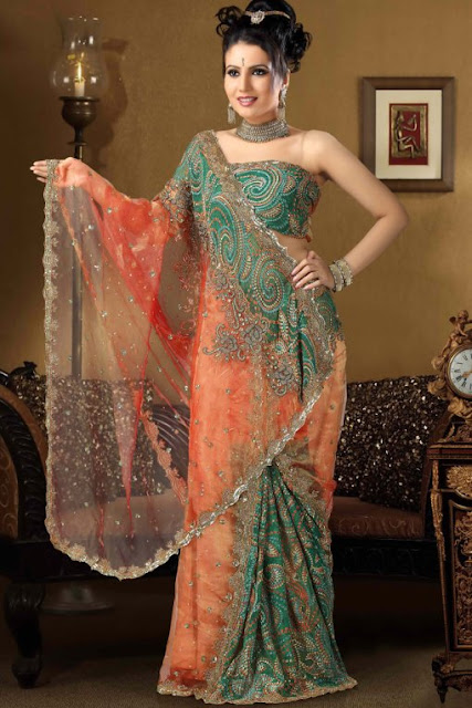 Orange & Green-Net-Sarees