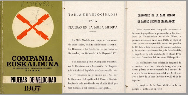 Libro “Tabla de velocidades para pruebas en la milla medida de Castro-Urdiales”, publicado por la Compañía Euskalduna en 1967.