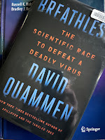 Breathless: The Scientific Race to Defeat a Deadly Virus, by David Quammen, superimposed on Intermediate Physics for Medicine and Biology.
