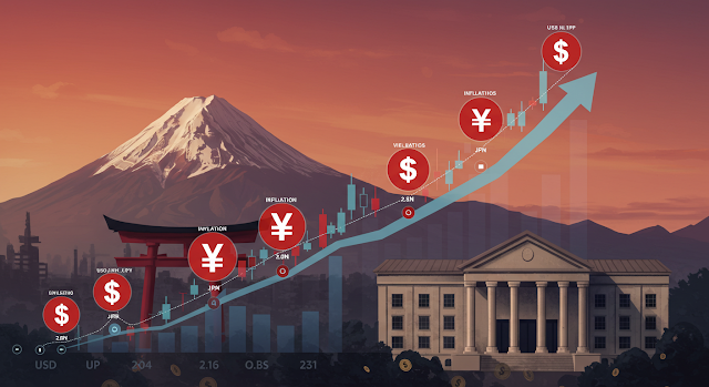 “An illustration that represents the Japanese economy and the upward trend in inflation. Show a graph of rising inflation, with yen (JPY) and dollar (USD) icons highlighted. In the background, include elements such as Mount Fuji, a Bank of Japan building and a moving financial market. Use vibrant colors to highlight high inflation (shades of red and orange) and cooler tones for the yen (blue and silver). Add highlighted text, such as 'CPI 2.0%', 'Inflation on the Rise' and 'USDJPY in Focus'. The style should be modern and professional, with a touch of realism.”