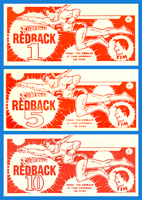The front sides of three Superman-Tim Redbacks in denominations of one, five, and ten.