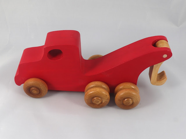 Red Wooden Toy Tow Truck, Handmade and Painted in Your Choice of Colors and Amber Shellac, from Easy 5 Truck Fleet Collection