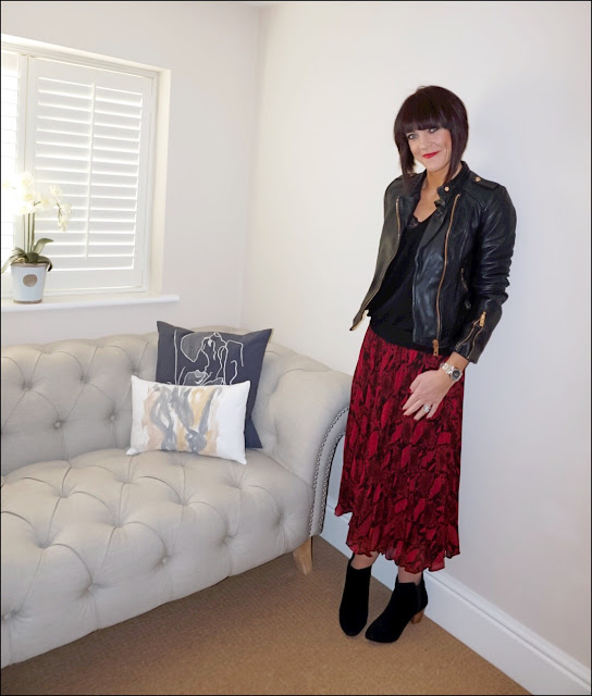 My Midlife Fashion, Zara leather biker jacket, H&M cashmere v neck jumper, new look snake print midi pleated skirt, mango block heel ankle boots