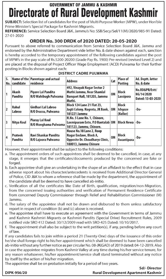 Directorate of Rural Development Kashmir Selection list for Post of MPW