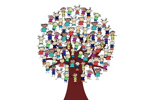 Illustration of a tree with pictures of young people representating leaves