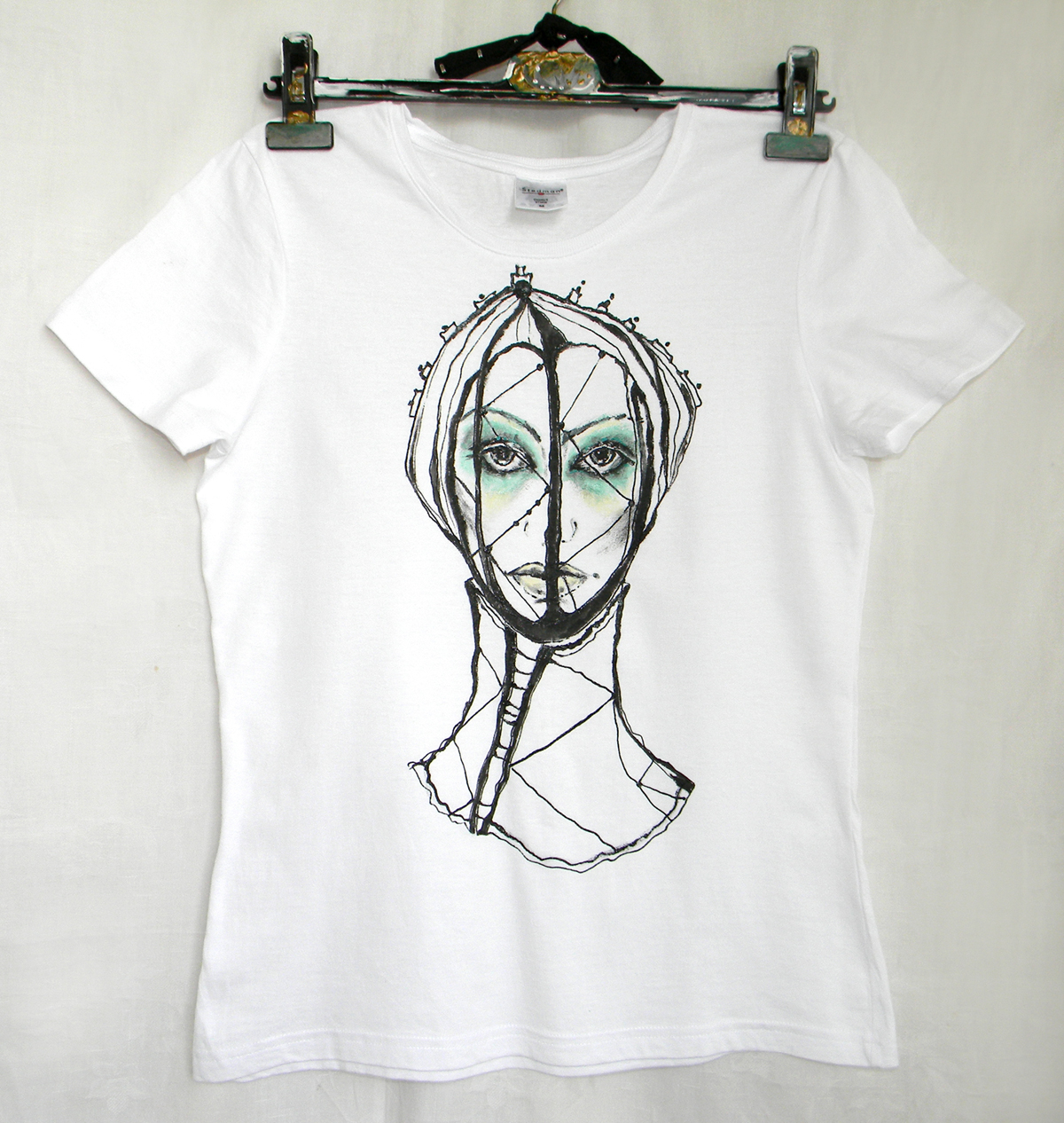 M size-Hand Painted Women Tshirt with Original Goth Portrait on White Knit Cotton in Black and Mint