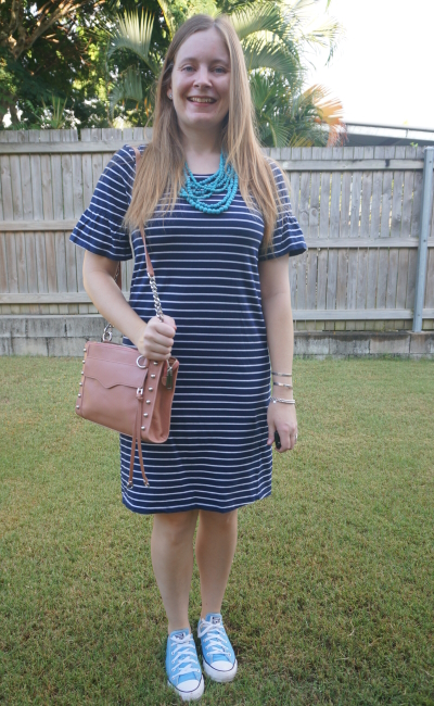 Target navy and white striped shift dress with frill sleeves with converse, statement necklace an desert rose minkoff crossbody mab | awayfromblue