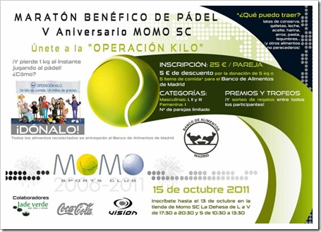 Maratón Benéfico de Pádel 5º Aniversario MOMO SPORTS CLUB el 15 de octubre en Alcalá Henares.