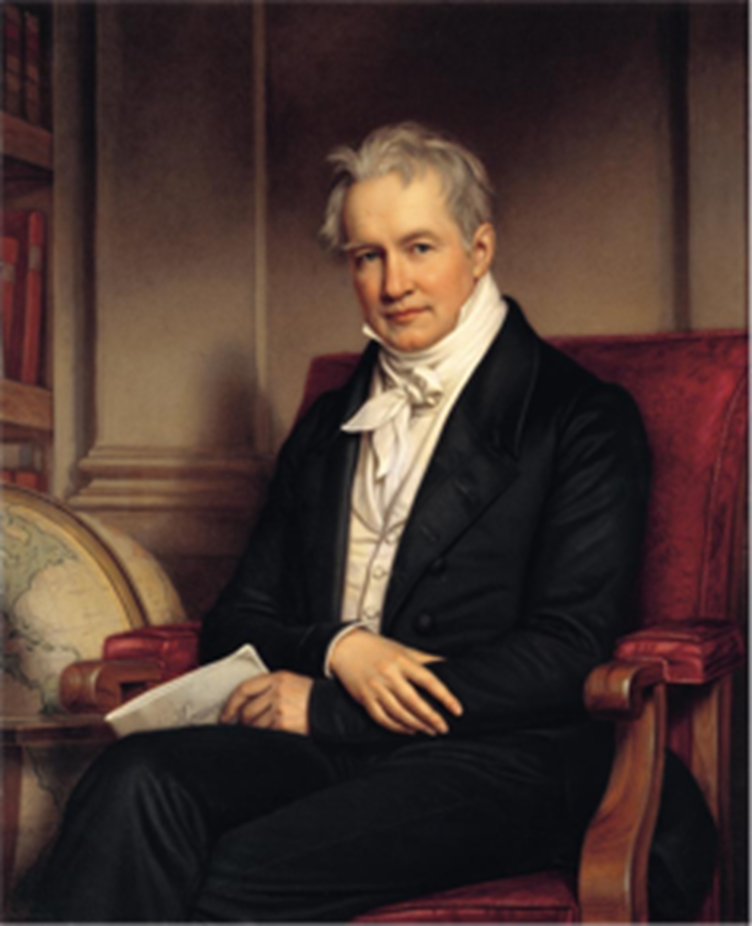 Friedrich Wilhelm Heinrich Alexander Freiherr von Humbold. También conocido en español como Alejandro de Humboldt (1769-1859), fue un polímata: geógrafo, astrónomo, humanista, naturalista y explorador prusiano, hermano menor del lingüista y ministro Wilhelm von Humboldt. Es considerado el «padre de la geografía moderna universal». Fue un naturalista de una polivalencia extraordinaria, que no volvió a repetirse tras su desaparición. Sus viajes de exploración le llevaron desde Europa a América del Sur y del Norte hasta Asia Central. Se especializó en diversas áreas de la ciencia como la etnografía, la antropología, la física, la zoología —especialmente en ornitología—, la climatología, la oceanografía, la astronomía, la geografía, la geología, la mineralogía, la botánica, la vulcanología y el humanismo.