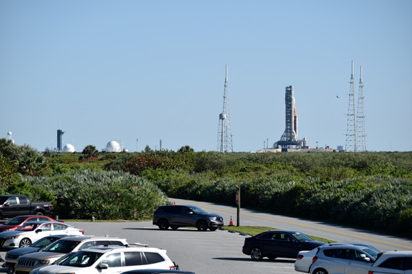 An image I took of NASA's Space Launch System rocket [as well as Pad 39A (at left) that's currently being used by SpaceX] from Playalinda Beach...on March 26, 2022.