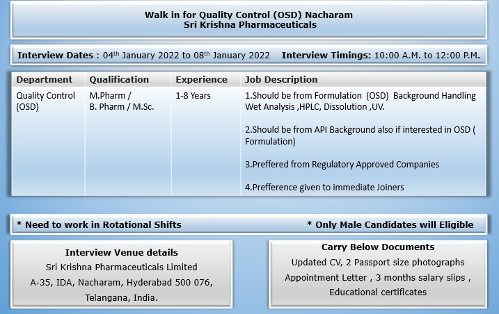 Job Availables,Sri Krishna Pharmaceuticals Limited Walk-In-Interview For B.Pharm/ M.Pharm/ MSc