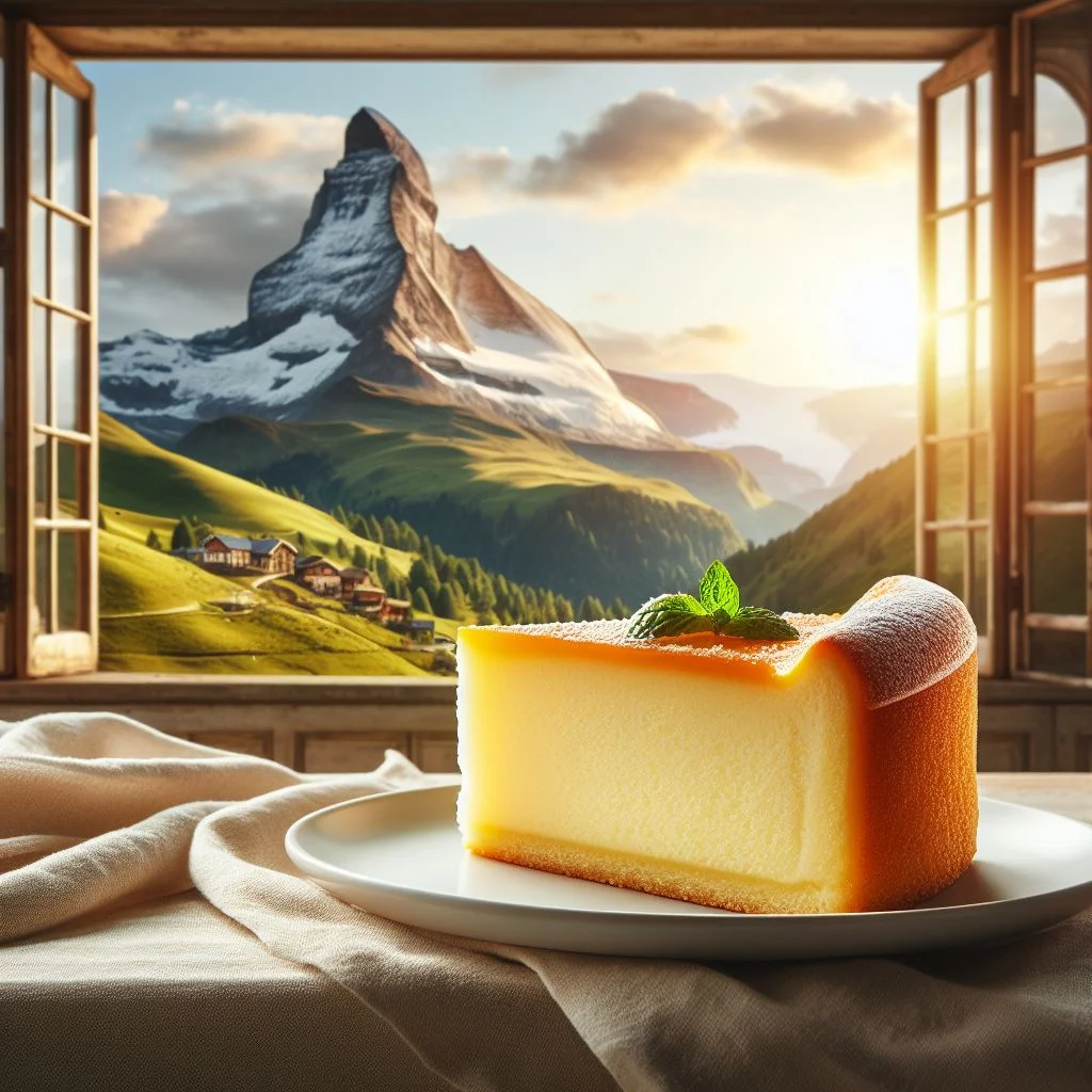 plato de cheese cake frente a una ventana con vista al campo