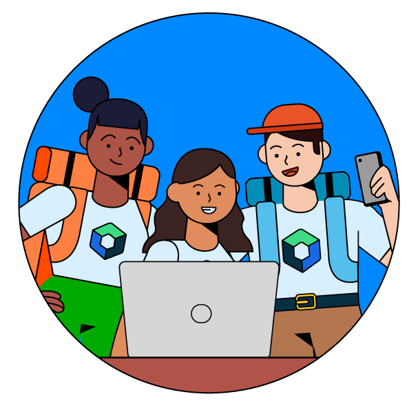 Illustration of three diverse, happy Compose campers looking at a laptop device