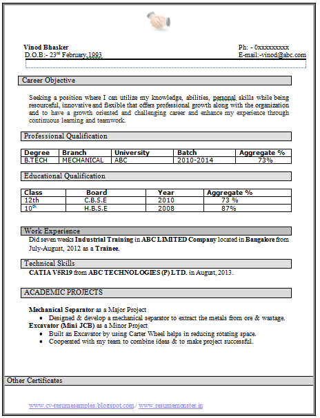 Tech Mehanical Fresher Resume Sample