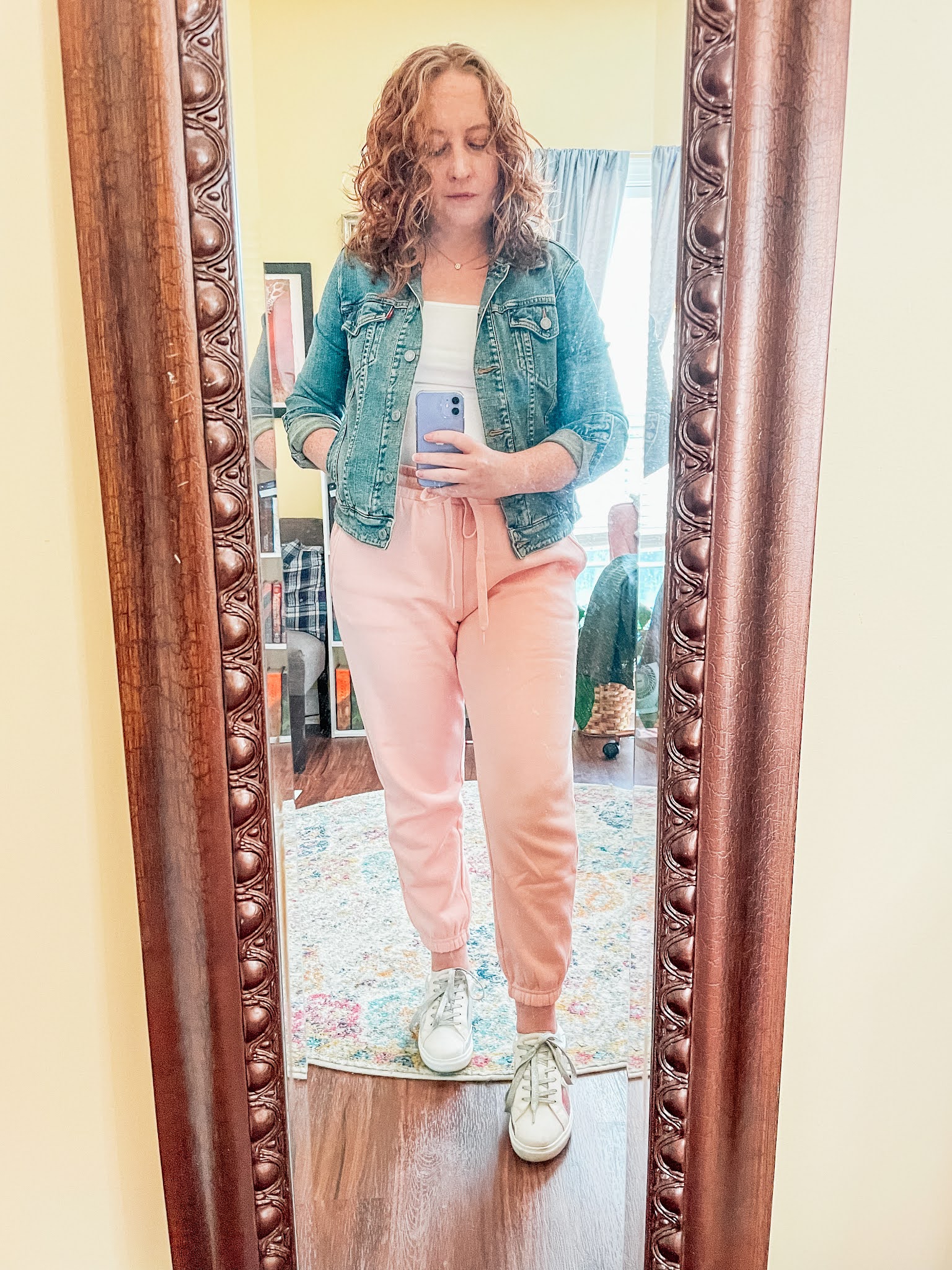 pink-joggers-white-tank-jean-jacket