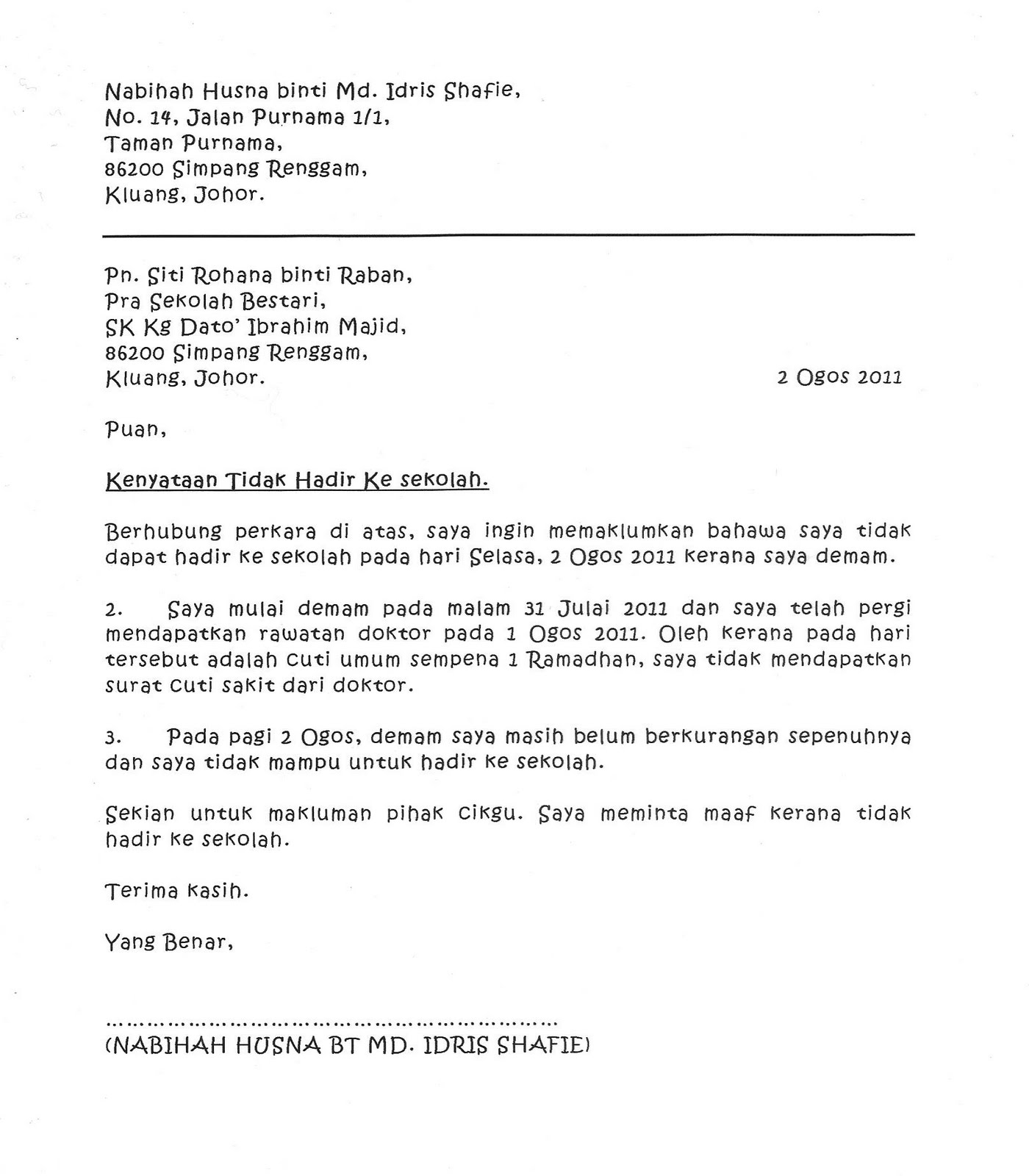 Surat Rasmi Contoh Cuti Sakit