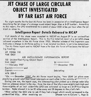 Jet Chase of Large Circular Object Investigated By Far East Air Force (Crpd) - UFO Investigator Aug-Sept 1957