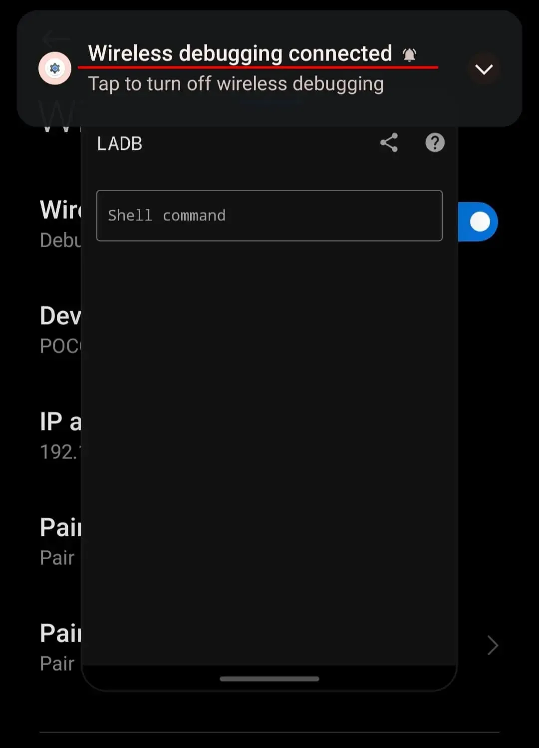 wireless debugging connected toast