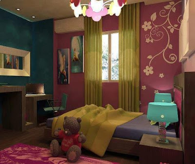 <img alt="chambre d'enfant on violet et vert"