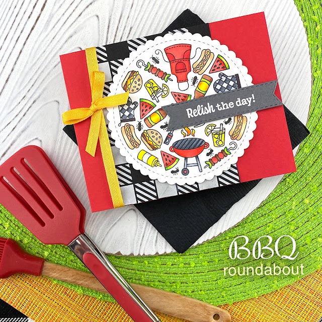 Summer BBQ card by Jennifer Jackson | BBQ Roundabout Stamp Set and Gingham Stencil by Newton's Nook Designs #newtonsnook