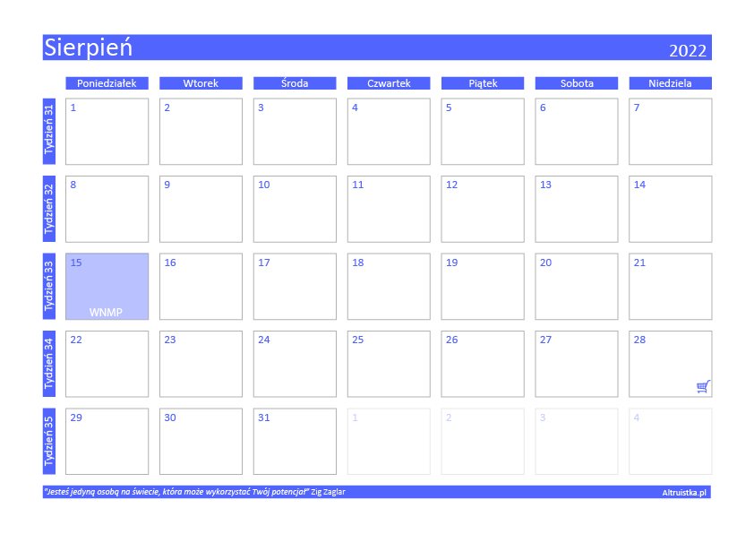 Sierpień 2022 - kalendarz do druku 