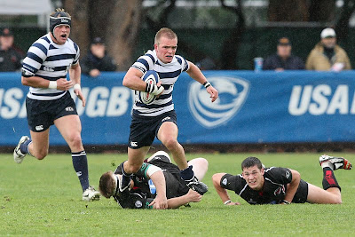 BYU Rugby Scrumhalf Shaun Davies eludes SDSU defenders in the 2009 Big Four semifinals