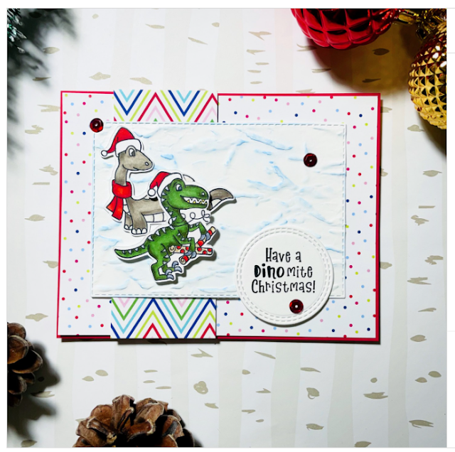 Have a dinomite Christmas by Crafticarrie features Prehistoric Christmas by Newton's Nook Designs; #inkypaws, #newtonsnook, #holidaycards, #christmascards, #cardmaking, #cardchallenge