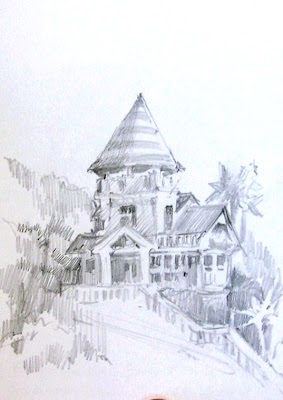 Roland Lee plein airsketch book drawing of The Holly House on Catalina Island