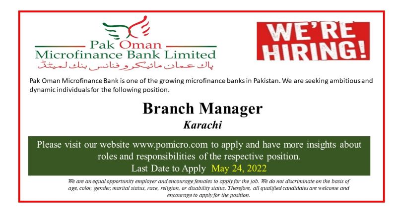 Pak Oman Microfinance Bank Ltd Jobs For Branch Manager