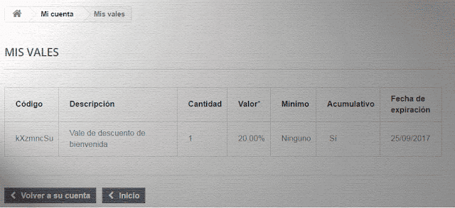 Crear un vale de bienvenida con descuento del 20%. Vista previa