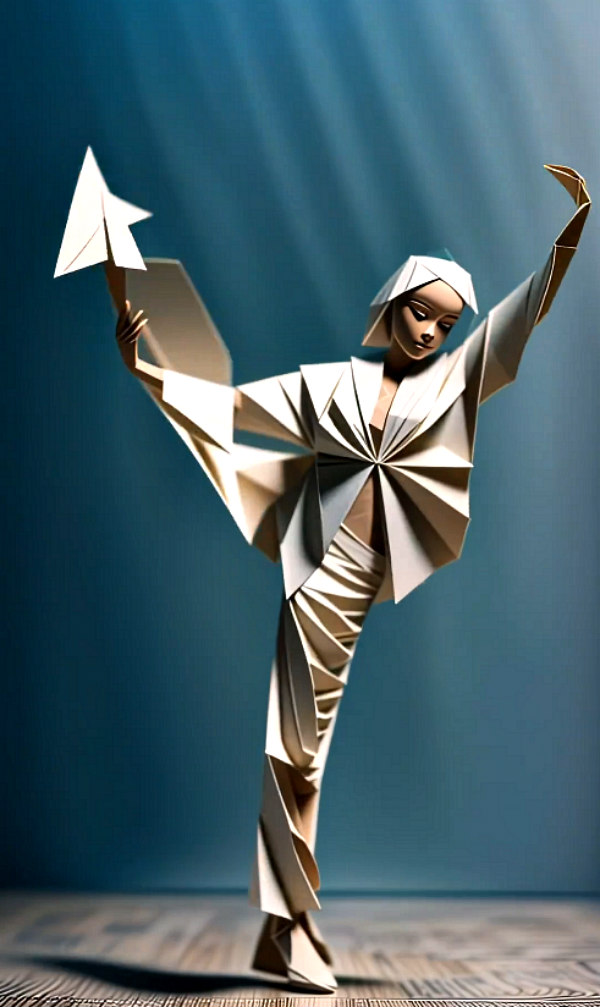 art interpretation of young female gymnast dressed in origami-style outfit with one leg stretched above head with arms outstretched