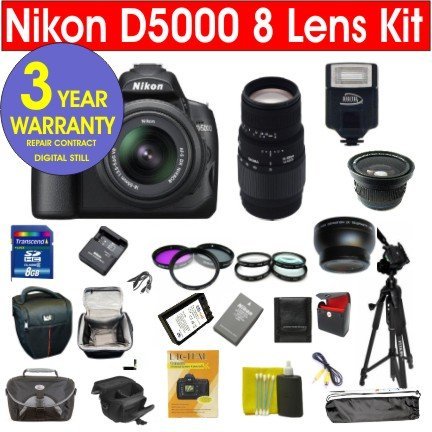 Nikon D5000 12.3 MP Digital SLR Camera with 8 Lens Deluxe Camera Outfit