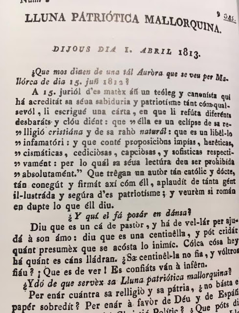 Lluna patriótica mallorquina, Que mos diuen de una tál Auròra que se veu per Mallórca de dia 15 juñ 1812? A 15 de juriól d´es mateix áñ un teóleg y canonísta qui há acreditat sa séua sabiduria y patriotísme tánt cóm qualsevól, li escrigué una cárta, en que li refúta