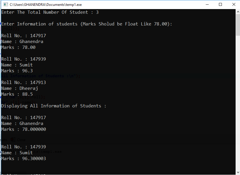 Structure Program For Student Details Output