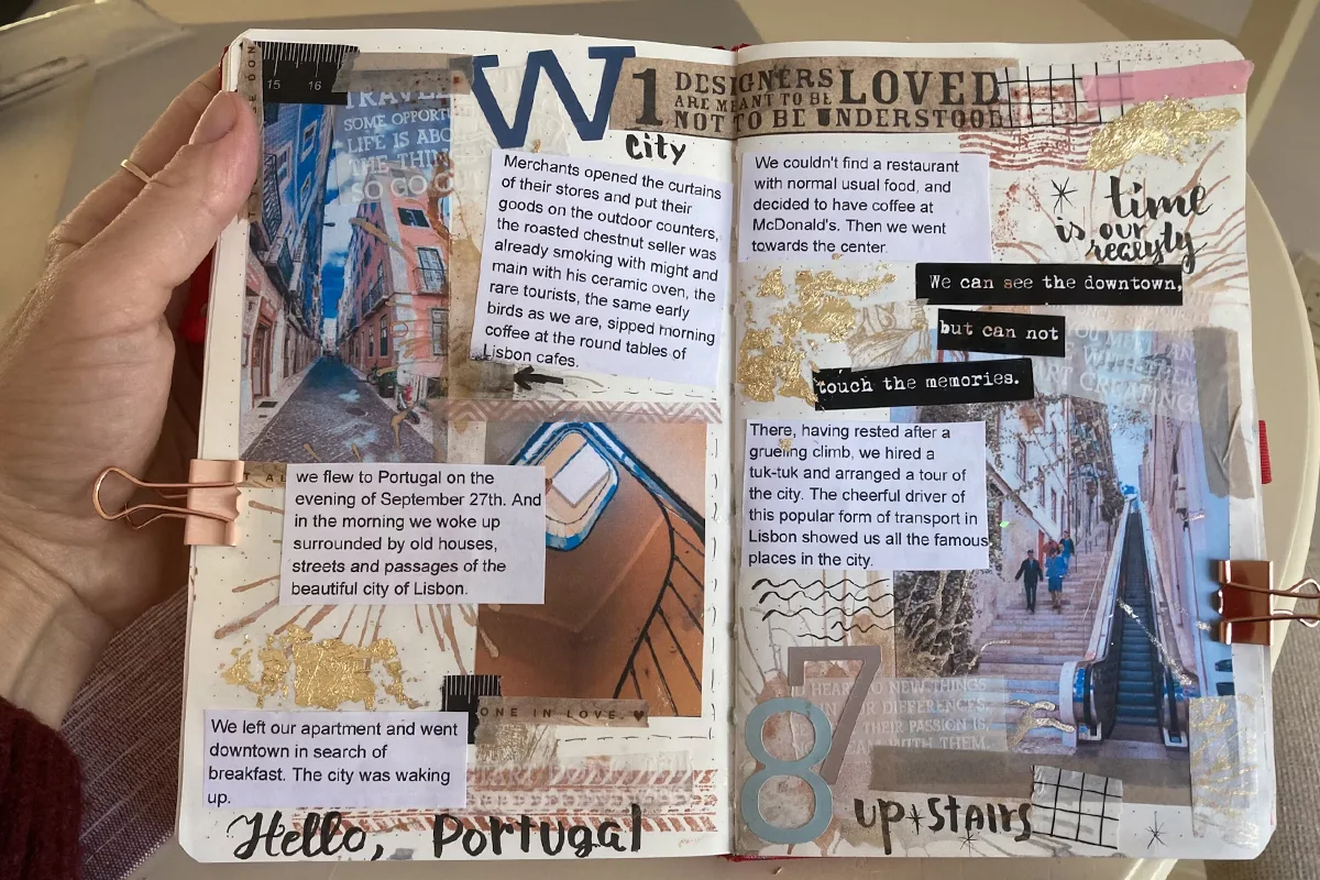 an opened travel jorunal pages with collage