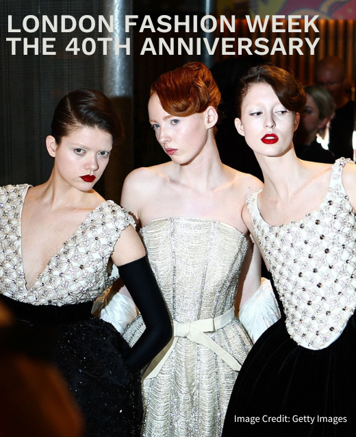 Photo of three female models at London Fashion week in February 2024. Models are sporting black and white embellished gowns with sleep updos and a red lip. Text on image reads: London Fashion Week the 40th anniversary.