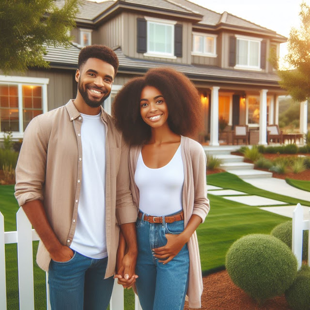 A happy couple standing in front of a brand new home