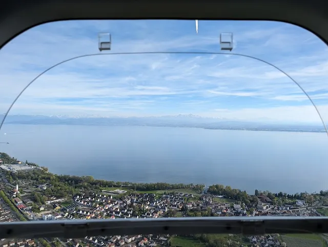 Open window of a zeppelin looking out over Lake Constance in Germany