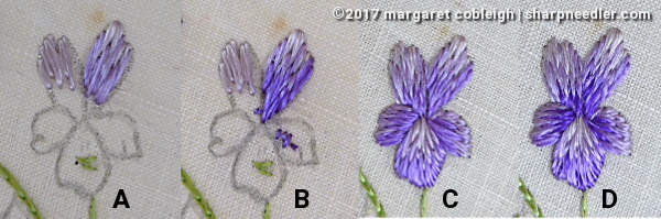 Society Silk Violets: demonstrating how to stitch a violet flower