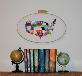 US fabric map framed in embroidery hoop