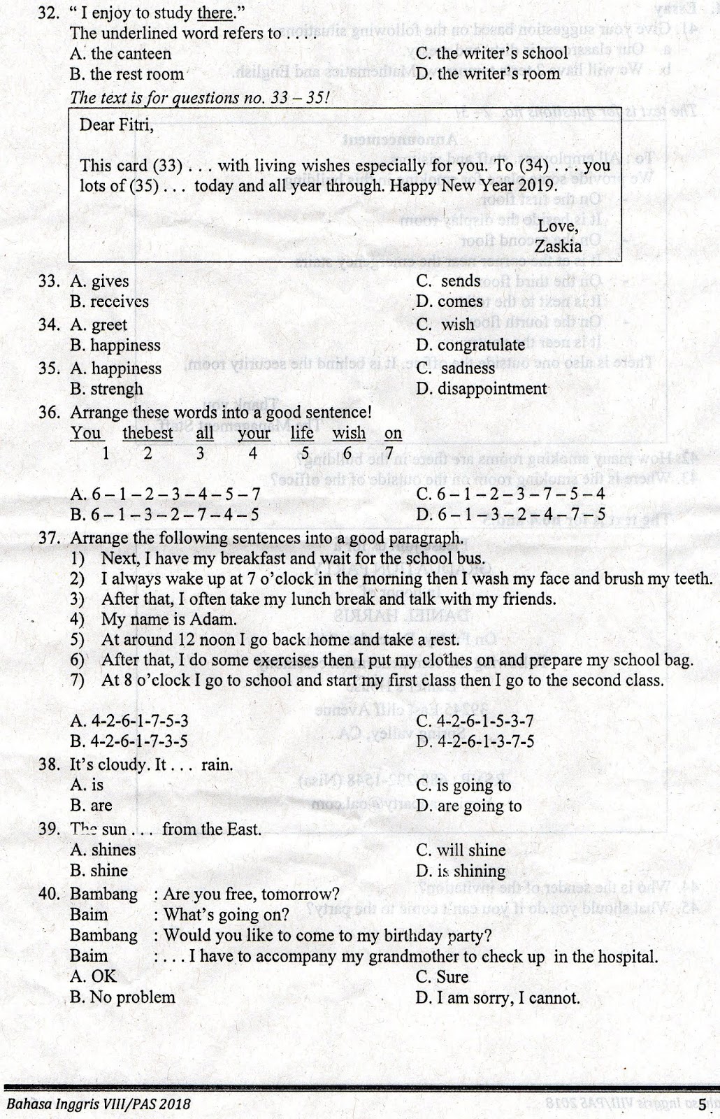 Soal Pas Bahasa Inggris Kelas 7 Kelas 8 Tahun 2018 2019