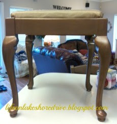 alt="queen anne stool makeover tutorial with martha stewart metallic bronze and fringe"