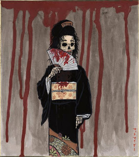 Honne-onna, a skeleton looking woman waving a bloody fan