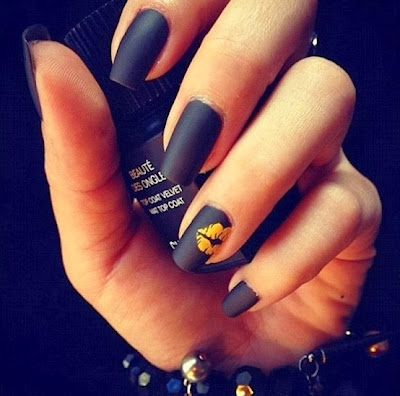 Black nail art design with Yellow Cute Lips! <3