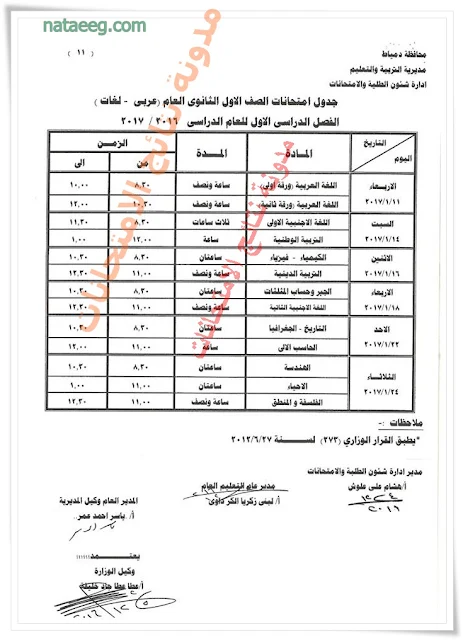 جدول امتحانات الصف الاول والثانى الثانوى الترم الاول 2017 محافظة دمياط