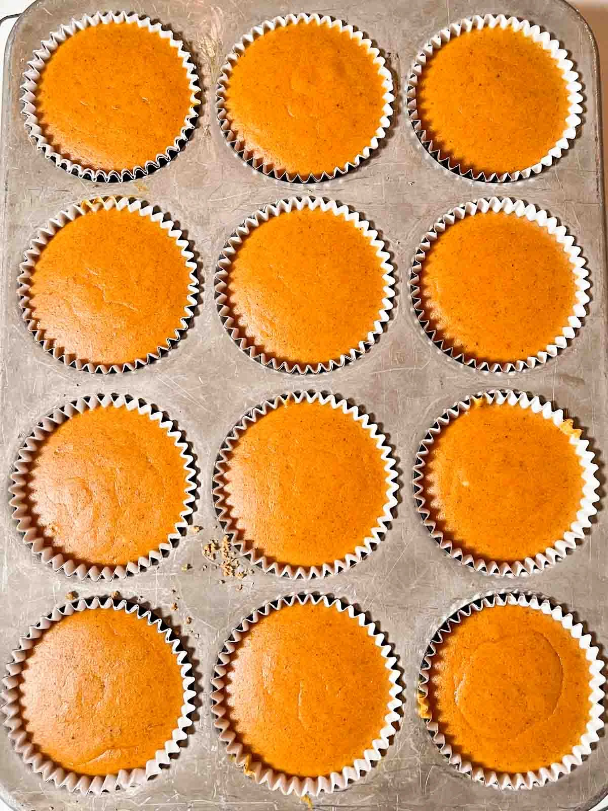 A down shot of Baked Mini Pumpkin Cheesecakes in a 12 cup Muffin Tin cooling.
