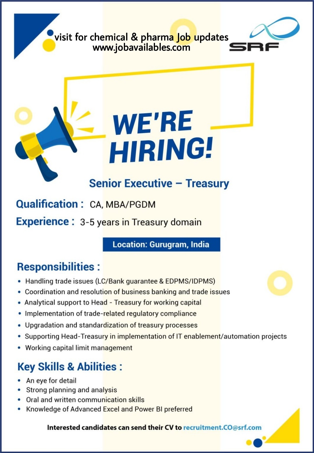 Job Availables, SRF Ltd Job Opening For PGDM/ MBA/ CA - Senior Executive (Treasury)