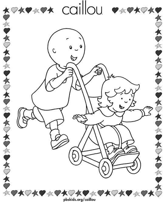 Caillou Pushing Rosie in the Stroller Coloring Page title=