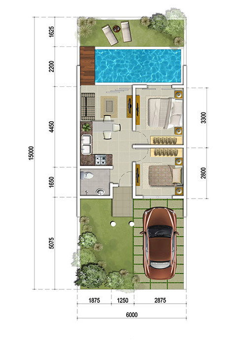 Denah rumah  minimalis  ukuran 6x15 meter dengan kolam  