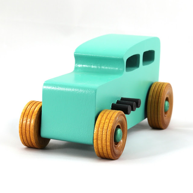 Wood Toy Car, Hot Rod 1932 Sedan, Handmade and Finished with Turquoise, Metalic Green, and Black Acrylic Paint and Amber Shellac